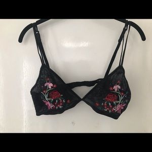 SHEER BLACK BRA/TOP WITH BLACK & PINK & RED FLOWERS